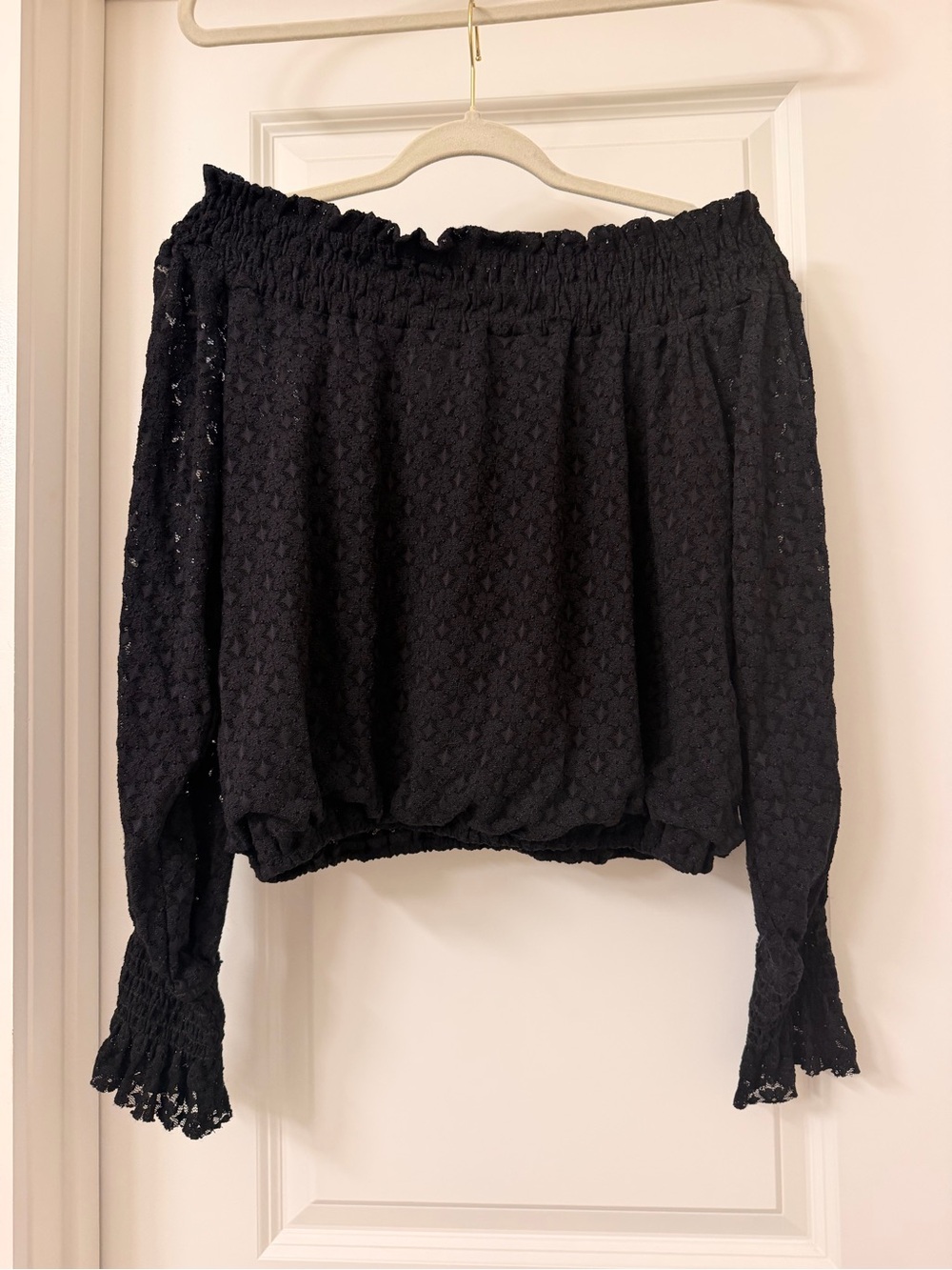 Black Off-Shoulder Eyelet Blouse with Smocked Details